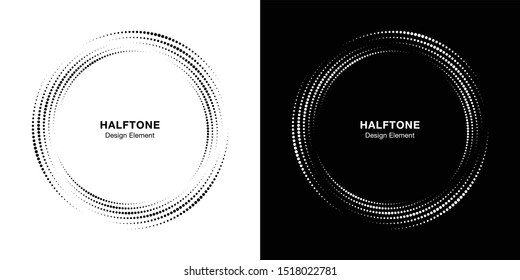 Halftone circle dotted frame circularly distributed set. Abstract dots logo emblem design element. Round border Icon using halftone circle dot texture. Half tone circular background pattern. Vector.