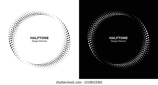 Halftone circle dotted frame circularly distributed set. Abstract dots logo emblem design element. Round border Icon using halftone circle dot texture. Half tone circular background pattern. Vector.