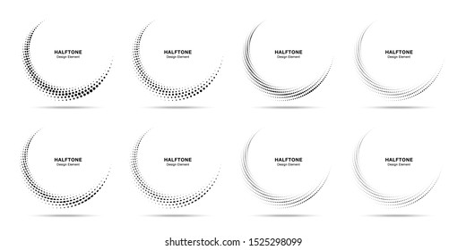 Halftone circle dotted frame circularly distributed set. Abstract dots logo emblem design element. Round border Icon using halftone circle dot pattern. Half tone circular background texture. Vector