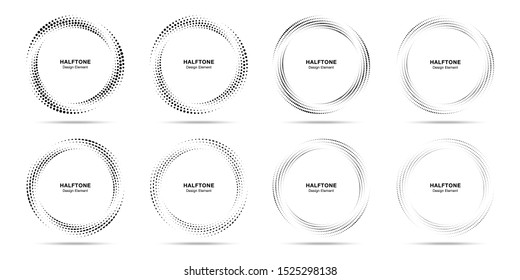 Halftone circle dotted frame circularly distributed set. Abstract dots logo emblem design element. Round border icon using halftone circle dot texture. Half tone circular background pattern. Vector.