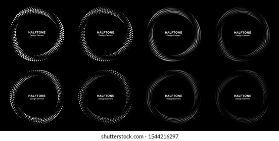 Halftone circle dotted frame circularly distributed set. Abstract dots logo emblem design element. Round border icon using halftone circle dot texture. Half tone circular background pattern. Vector.