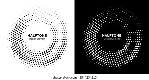 Halftone circle dotted frame circularly distributed. Vector dots logo emblem design set. Round border Icon using random halftone circle dot raster texture. Half tone circular background pattern.