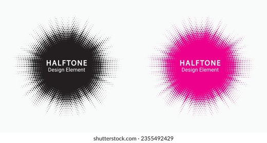 Halftone circle dotted frame circularly distributed set. Abstract dots logo emblem design element. Round border Icon using random halftone circle dot texture. Half tone circular background pattern.