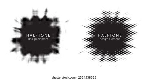 Halftone circle dotted frame circularly distributed set. Abstract dots logo emblem design element. Round border Icon using random halftone circle dot texture. Half tone circular background pattern.