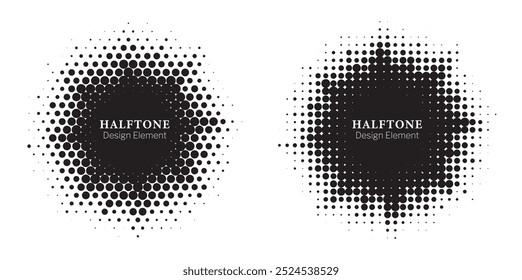 Halbtonkreis gepunkteter Rahmen mit kreisförmig verteiltem Satz. Abstrakte Punkte Logo Emblem Design-Element. Runder Rahmen-Symbol mit zufälliger Halbtonkreis-Punktstruktur. Halbtöniges kreisförmiges Hintergrundmuster.