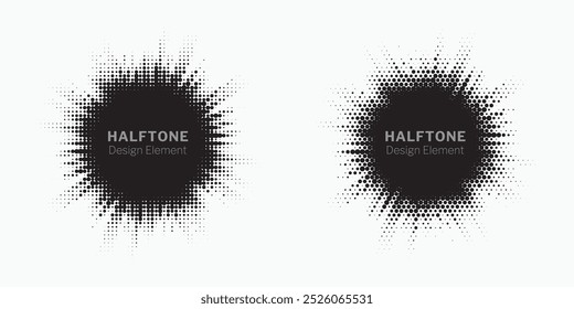 Círculo de meio-tom com quadro pontilhado distribuído circularmente definido. Abstrato pontos logotipo emblema elemento de design. Ícone de borda arredondada usando textura de ponto de círculo de meio-tom aleatório. Padrão de plano de fundo circular de meio tom.