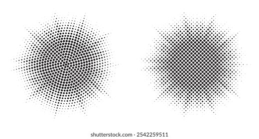Halftone circle dotted frame circularly distributed set. Abstract dots logo emblem design element. Round border Icon using random halftone circle dot texture. Half tone circular background pattern.	