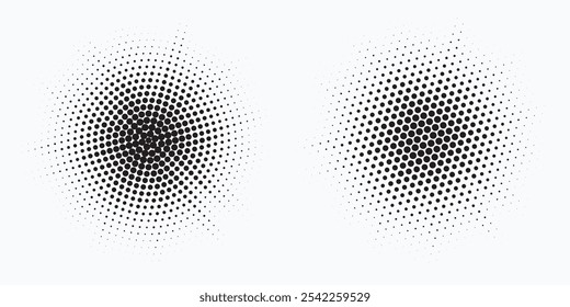 Halftone circle dotted frame circularly distributed set. Abstract dots logo emblem design element. Round border Icon using random halftone circle dot texture. Half tone circular background pattern.	