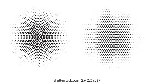 Halftone circle dotted frame circularly distributed set. Abstract dots logo emblem design element. Round border Icon using random halftone circle dot texture. Half tone circular background pattern.	