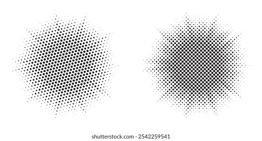 Círculo de meio-tom com quadro pontilhado distribuído circularmente definido. Abstrato pontos logotipo emblema elemento de design. Ícone de borda arredondada usando textura de ponto de círculo de meio-tom aleatório. Padrão de plano de fundo circular de meio tom.	