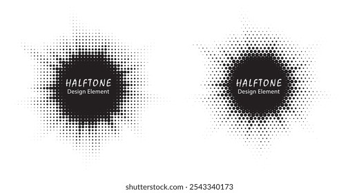 Conjunto circularmente distribuido de marco punteado de círculo de semitono. Elemento de diseño de emblema de logotipo de puntos Abstractas. Icono de borde redondo usando textura de punto circular de semitono aleatorio. Patrón de fondo circular de medio tono.