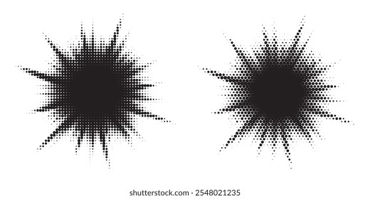 Halftone circle dotted frame circularly distributed set. Abstract dots logo emblem design element. Round border Icon using random halftone circle dot texture. Half tone circular background pattern.	