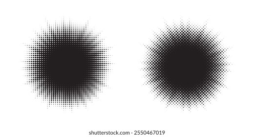 Halftone circle dotted frame circularly distributed set. Abstract dots logo emblem design element. Round border Icon using random halftone circle dot texture. Half tone circular background pattern.	