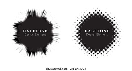 Halftone circle dotted frame circularly distributed set. Abstract dots logo emblem design element. Round border Icon using random halftone circle dot texture. Half tone circular background pattern.