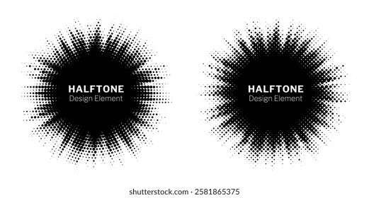 Halftone circle dotted frame circularly distributed set. Abstract dots logo emblem design element. Round border Icon using random halftone circle dot texture. Half tone circular background pattern.
