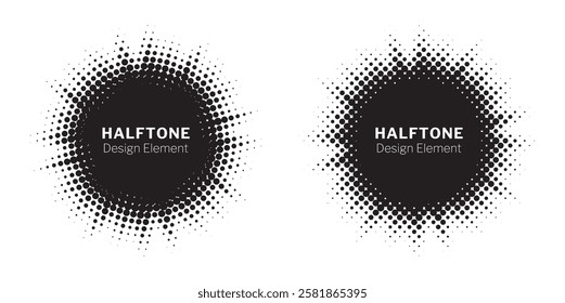 Halftone circle dotted frame circularly distributed set. Abstract dots logo emblem design element. Round border Icon using random halftone circle dot texture. Half tone circular background pattern.
