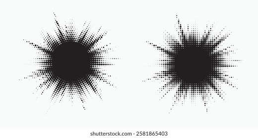 Halftone circle dotted frame circularly distributed set. Abstract dots logo emblem design element. Round border Icon using random halftone circle dot texture. Half tone circular background pattern.