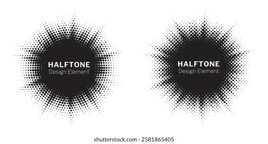 Halftone circle dotted frame circularly distributed set. Abstract dots logo emblem design element. Round border Icon using random halftone circle dot texture. Half tone circular background pattern.