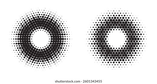 Halftone circle dotted frame circularly distributed set. Abstract dots logo emblem design element. Round border Icon using random halftone circle dot texture. Half tone circular background pattern.