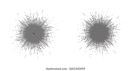 Halftone circle dotted frame circularly distributed set. Abstract dots logo emblem design element. Round border Icon using random halftone circle dot texture. Half tone circular background pattern.