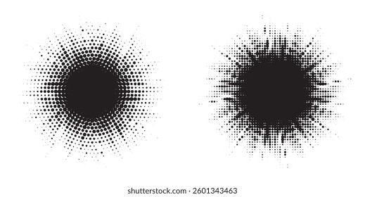 Halftone circle dotted frame circularly distributed set. Abstract dots logo emblem design element. Round border Icon using random halftone circle dot texture. Half tone circular background pattern.