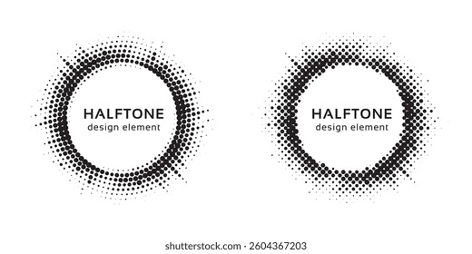 Halftone circle dotted frame circularly distributed set. Abstract dots logo emblem design element. Round border Icon using random halftone circle dot texture. Half tone circular background pattern. 
