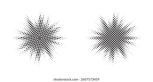 Halftone circle dotted frame circularly distributed set. Abstract dots logo emblem design element. Round border Icon using random halftone circle dot texture. Half tone circular background pattern.