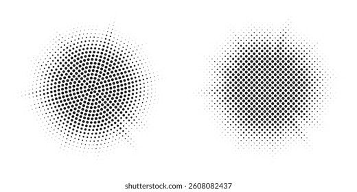 Halftone circle dotted frame circularly distributed set. Abstract dots logo emblem design element. Round border Icon using random halftone circle dot texture. Half tone circular background pattern.