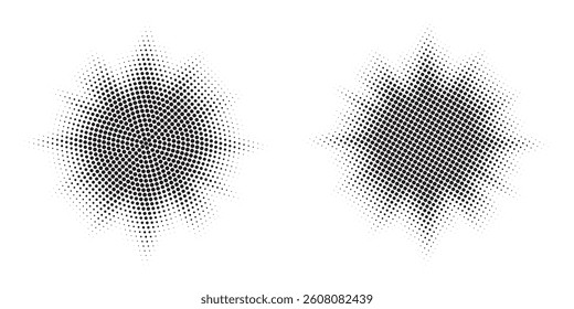Halftone circle dotted frame circularly distributed set. Abstract dots logo emblem design element. Round border Icon using random halftone circle dot texture. Half tone circular background pattern.