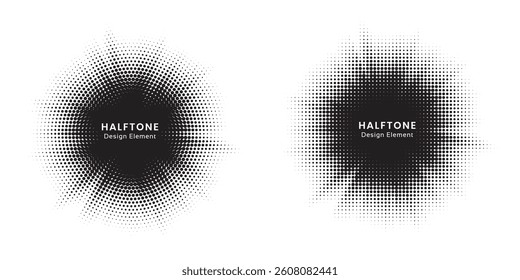 Halftone circle dotted frame circularly distributed set. Abstract dots logo emblem design element. Round border Icon using random halftone circle dot texture. Half tone circular background pattern.