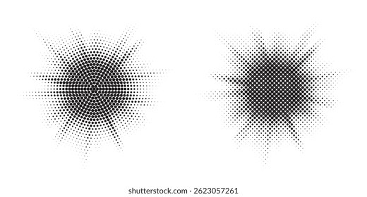 Halftone circle dotted frame circularly distributed set. Abstract dots logo emblem design element. Round border Icon using random halftone circle dot texture. Half tone circular background pattern.
