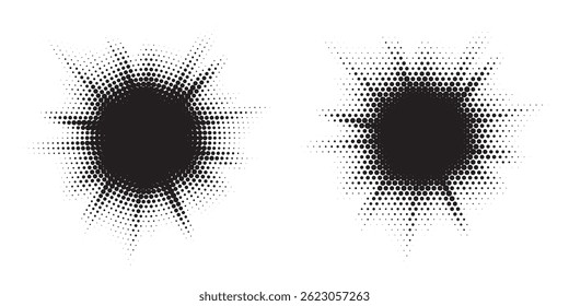 Halftone circle dotted frame circularly distributed set. Abstract dots logo emblem design element. Round border Icon using random halftone circle dot texture. Half tone circular background pattern.
