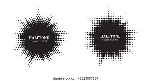 Halftone circle dotted frame circularly distributed set. Abstract dots logo emblem design element. Round border Icon using random halftone circle dot texture. Half tone circular background pattern.
