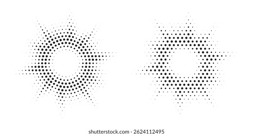 Halftone circle dotted frame circularly distributed set. Abstract dots logo emblem design element. Round border Icon using random halftone circle dot texture. Half tone circular background pattern.