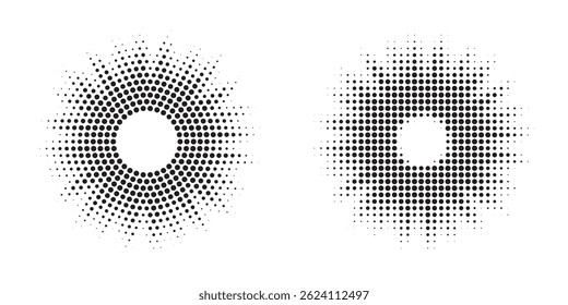Halftone circle dotted frame circularly distributed set. Abstract dots logo emblem design element. Round border Icon using random halftone circle dot texture. Half tone circular background pattern.