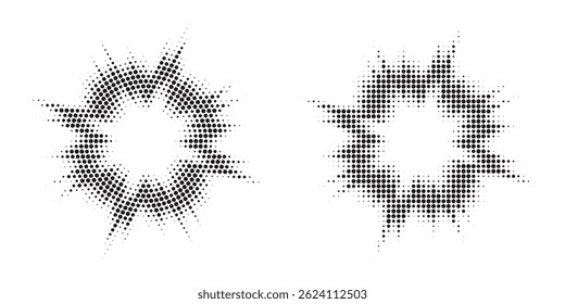 Halftone circle dotted frame circularly distributed set. Abstract dots logo emblem design element. Round border Icon using random halftone circle dot texture. Half tone circular background pattern.
