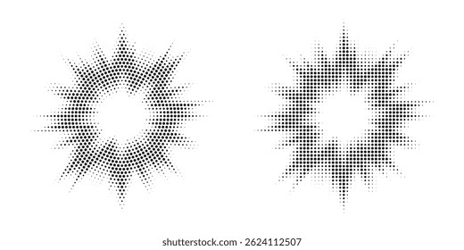 Halftone circle dotted frame circularly distributed set. Abstract dots logo emblem design element. Round border Icon using random halftone circle dot texture. Half tone circular background pattern.