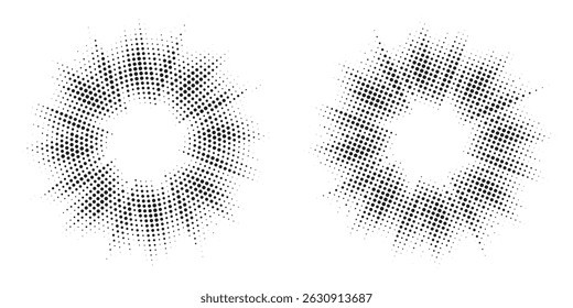 Halftone circle dotted frame circularly distributed set. Abstract dots logo emblem design element. Round border Icon using random halftone circle dot texture. Half tone circular background pattern.