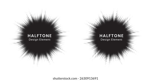 Halftone circle dotted frame circularly distributed set. Abstract dots logo emblem design element. Round border Icon using random halftone circle dot texture. Half tone circular background pattern.