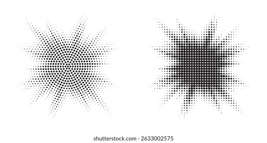 Halftone circle dotted frame circularly distributed set. Abstract dots logo emblem design element. Round border Icon using random halftone circle dot texture. Half tone circular background pattern.