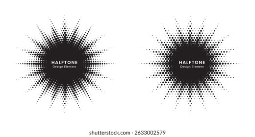 Halftone circle dotted frame circularly distributed set. Abstract dots logo emblem design element. Round border Icon using random halftone circle dot texture. Half tone circular background pattern.