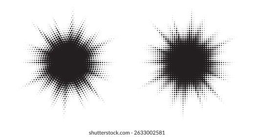 Halftone circle dotted frame circularly distributed set. Abstract dots logo emblem design element. Round border Icon using random halftone circle dot texture. Half tone circular background pattern.