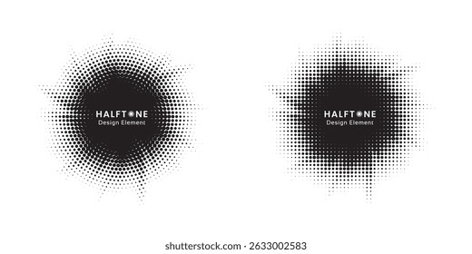 Halftone circle dotted frame circularly distributed set. Abstract dots logo emblem design element. Round border Icon using random halftone circle dot texture. Half tone circular background pattern.