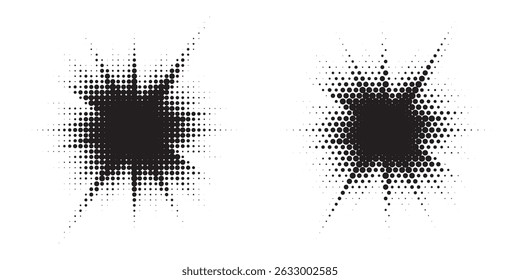 Halftone circle dotted frame circularly distributed set. Abstract dots logo emblem design element. Round border Icon using random halftone circle dot texture. Half tone circular background pattern.