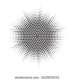 Marco punteado circular de medio tono distribuido circularmente. Elemento de diseño de emblema de logotipo de puntos Abstractas. Icono de borde redondo usando textura de punto circular de semitono aleatorio. Patrón de fondo circular de medio tono.	