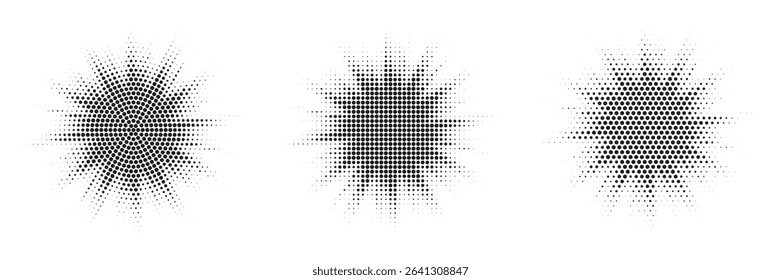 Halftone circle dotted frame circularly distributed set. Abstract dots logo emblem design element. Round border Icon using random halftone circle dot texture. Half tone circular background pattern.
