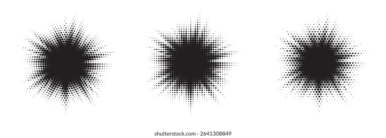 Halftone circle dotted frame circularly distributed set. Abstract dots logo emblem design element. Round border Icon using random halftone circle dot texture. Half tone circular background pattern.