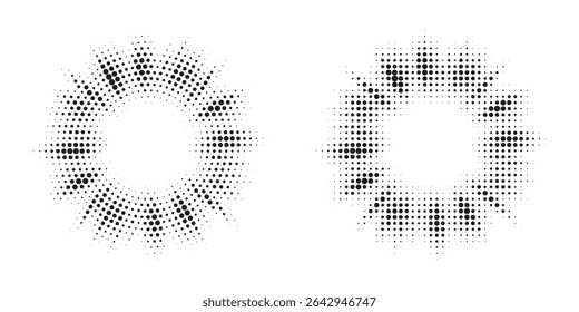 Halftone circle dotted frame circularly distributed set. Abstract dots logo emblem design element. Round border Icon using random halftone circle dot texture. Half tone circular background pattern.