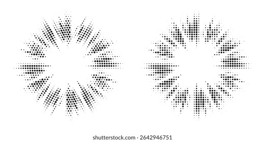 Halftone circle dotted frame circularly distributed set. Abstract dots logo emblem design element. Round border Icon using random halftone circle dot texture. Half tone circular background pattern.