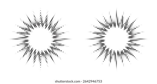 Halftone circle dotted frame circularly distributed set. Abstract dots logo emblem design element. Round border Icon using random halftone circle dot texture. Half tone circular background pattern.